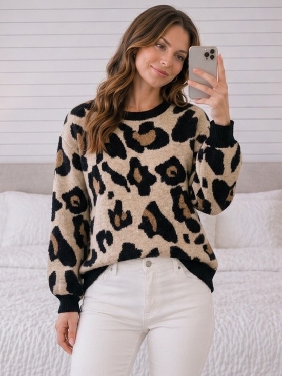 entro Sweaters - Entro Leopard Cheetah Knit Animal Print Balloon Sleeve Cozy Sweater Top